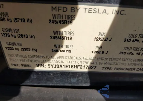 2017 Tesla Model S 60/75 z USA, uszkodzony, nr VIN 5YJSA1E16HF217627